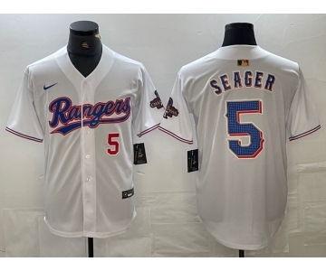 Men's Texas Rangers #5 Corey Seager Number White 2023 World Series Champions Cool Base Jersey