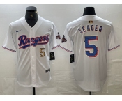 Men's Texas Rangers #5 Corey Seager Number White 2023 World Series Champions Cool Base Jerseys