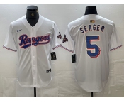 Men's Texas Rangers #5 Corey Seager White 2023 World Series Champions Cool Base Jersey