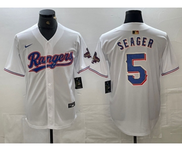 Men's Texas Rangers #5 Corey Seager White 2023 World Series Champions Cool Base Jersey