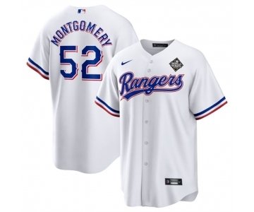 Men's Texas Rangers #52 Jordan Montgomery White 2023 World Series Stitched Baseball Jersey