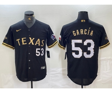 Men's Texas Rangers #53 Adolis Garcia Black Gold Cool Base Stitched Baseball Jersey