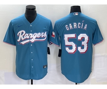 Men's Texas Rangers #53 Adolis Garcia Light Blue With Patch Cool Base Stitched Baseball Jersey