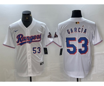 Men's Texas Rangers #53 Adolis Garcia Number White 2023 World Series Champions Cool Base Jersey