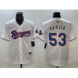 Men's Texas Rangers #53 Adolis Garcia White 2023 World Series Champions Cool Base Jersey