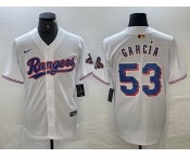 Men's Texas Rangers #53 Adolis Garcia White 2023 World Series Champions Cool Base Jersey