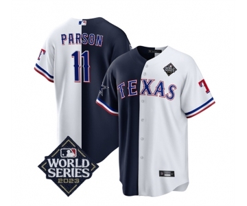 Men's Texas Rangers & Cowboys #11 Micah Parsons Navy White Splite 2023 World Series Splite Stitched Baseball Jersey图片名字错按描写