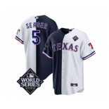 Men's Texas Rangers & Cowboys #5 Corey Seager Navy White 2023 World Series Splite Stitched Baseball Jersey