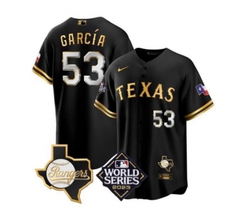 Men's Texas Rangers & Cowboys #53 Adolis García Black Gold 2023 World Series Splite Stitched Baseball Jersey