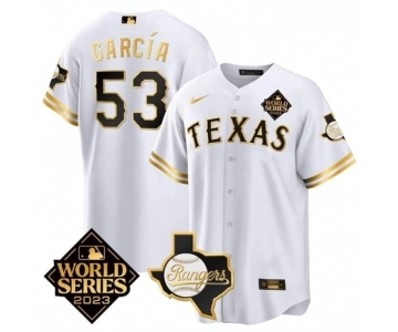 Men's Texas Rangers & Cowboys #53 Adolis García White 2023 World Series Splite Stitched Baseball Jersey