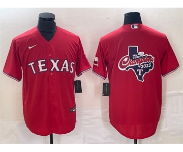 Men's Texas Rangers Red 2023 World Series Champions Big Logo With Patch Cool Base Stitched Baseball Jersey