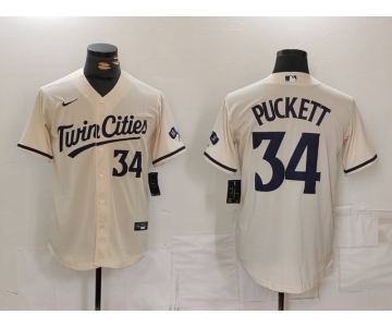 Men's Minnesota Twins #34 Kirby Puckett Number Cream Cool Base Stitched Jersey