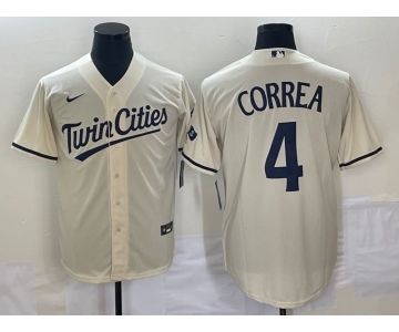 Men's Minnesota Twins #4 Carlos Correa Cream 2022 City Connect Cool Base Stitched Jersey