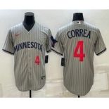 Men's Minnesota Twins #4 Carlos Correa Number 2023 Grey Home Team Cool Base Stitched Jersey