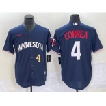 Men's Minnesota Twins #4 Carlos Correa Number 2023 Navy Blue Cool Base Stitched Jersey