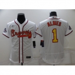 Men's Atlanta Braves #1 Ozzie Albies 2021 White Gold World Series Champions Jersey