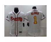 Men's Atlanta Braves #1 Ozzie Albies 2021 White Gold World Series Champions Jersey