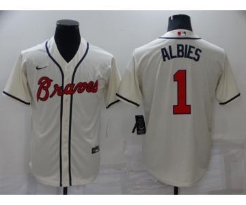 Men's Atlanta Braves #1 Ozzie Albies Cream Cool Base Stitched Jersey