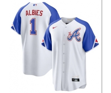 Men's Atlanta Braves #1 Ozzie Albies White 2023 City Connect Cool Base Stitched Baseball Jersey