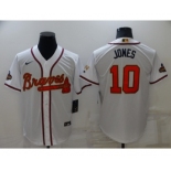 Men's Atlanta Braves #10 Chipper Jones 2022 White Gold World Series Champions Program Cool Base Stitched Baseball Jersey