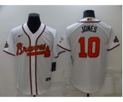 Men's Atlanta Braves #10 Chipper Jones 2022 White Gold World Series Champions Program Cool Base Stitched Baseball Jersey