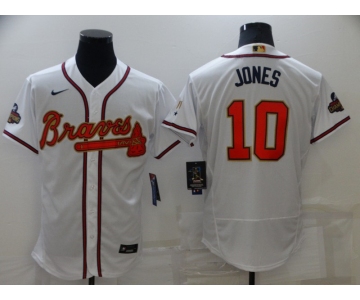 Men's Atlanta Braves #10 Chipper Jones 2022 White Gold World Series Champions Program Flex Base Stitched Baseball Jersey