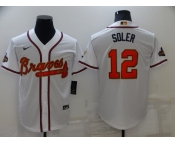 Men's Atlanta Braves #12 Jorge Soler 2022 White Gold World Series Champions Program Cool Base Stitched Baseball Jersey