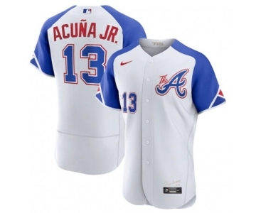 Men's Atlanta Braves #13 Ronald Acuña Jr. White 2023 City Connect Flex Base Stitched Jersey