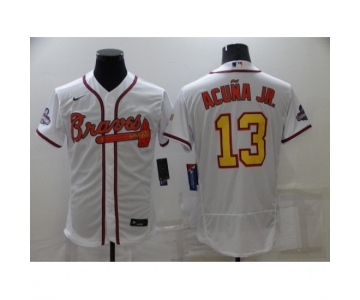 Men's Atlanta Braves #13 Ronald Acuna Jr. 2021 White Gold World Series Champions Jersey