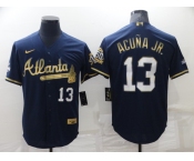 Men's Atlanta Braves #13 Ronald Acuna Jr Navy Blue 2021 World Series Champions Golden Edition Stitched Cool Base Nike Jersey