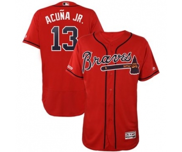 Men's Atlanta Braves #13 Ronald Acuna Jr Scarlet 150th Patch Flexbase Jersey