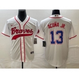 Men's Atlanta Braves #13 Ronald Acuna Jr White Cool Base With Patch Stitched Baseball Jersey1