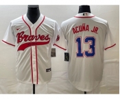 Men's Atlanta Braves #13 Ronald Acuna Jr White Cool Base With Patch Stitched Baseball Jersey1