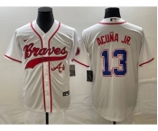 Men's Atlanta Braves #13 Ronald Acuna Jr White Cool Base With Patch Stitched Baseball Jersey