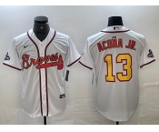 Men's Atlanta Braves #13 Ronald Acuna Jr White Gold 2021 World Series Champions Stitched Cool Base Jersey