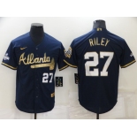 Men's Atlanta Braves #27 Austin Riley 2022 Navy Blue 2021 World Series Champions Golden Edition Stitched Cool Base Nike Jersey