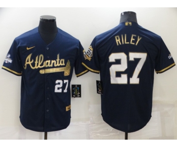 Men's Atlanta Braves #27 Austin Riley 2022 Navy Blue 2021 World Series Champions Golden Edition Stitched Cool Base Nike Jersey