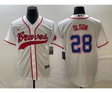 Men's Atlanta Braves #28 Matt Olson White Cool Base With Patch Stitched Baseball Jersey