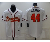 Men's Atlanta Braves #44 Hank Aaron 2022 White Gold World Series Champions Program Cool Base Stitched Baseball Jersey