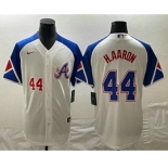 Mens Atlanta Braves #44 Hank Aaron Number White 2023 City Connect Cool Base Stitched Jersey