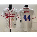 Men's Atlanta Braves #44 Hank Aaron Number White Cool Base With Patch Stitched Baseball Jersey