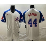 Men's Atlanta Braves #44 Hank Aaron White 2023 City Connect Cool Base Stitched Jersey