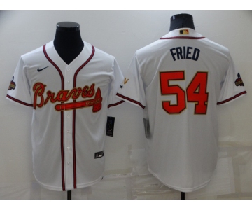 Men's Atlanta Braves #54 Max Fried 2022 White Gold World Series Champions Program Cool Base Stitched Baseball Jersey