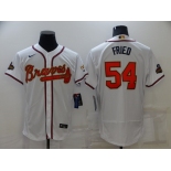 Men's Atlanta Braves #54 Max Fried 2022 White Gold World Series Champions Program Flex Base Stitched Baseball Jersey