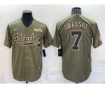 Men's Atlanta Braves #7 Dansby Swanson 2021 Olive Salute To Service Limited Stitched Jersey