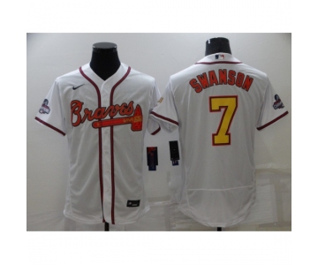 Men's Atlanta Braves #7 Dansby Swanson 2021 White Gold World Series Champions Jersey