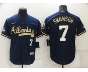 Men's Atlanta Braves #7 Dansby Swanson Navy Blue 2021 World Series Champions Golden Edition Stitched Cool Base Nike Jersey