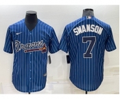 Men's Atlanta Braves #7 Dansby Swanson Navy Blue Pinstripe Stitched MLB Cool Base Nike Jersey