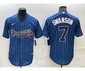 Men's Atlanta Braves #7 Dansby Swanson Navy Blue Pinstripe Stitched MLB Cool Base Nike Jersey