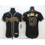 Nike Men's Atlanta Braves #13 Ronald Acuna Jr. Black Gold Fashion Flex Base Authentic Collection Baseball Jersey